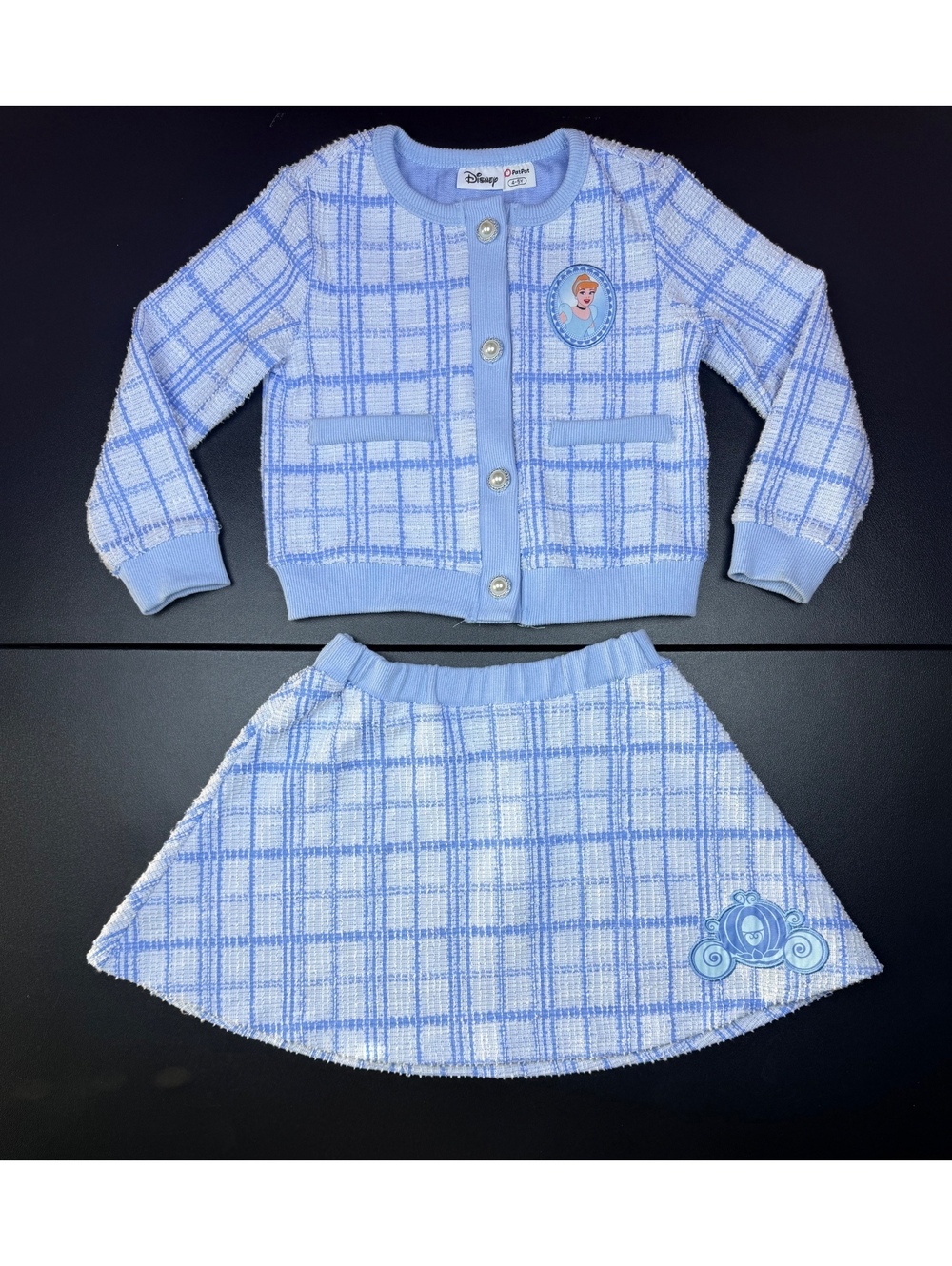Disney PatPat Cinderella Girls 4-5Y Blue Plaid Tweed Cardigan Skirt 2 Piece Set